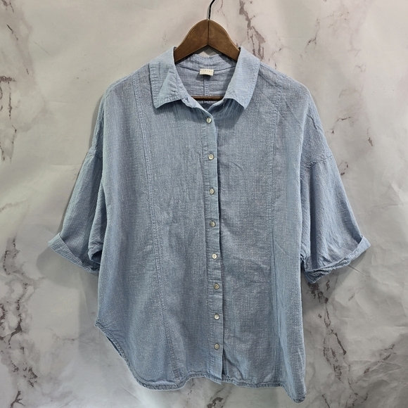 Poetry Shirt Womens 14 Large Blue Linen Blend Button Short Sleeve Boxy Cuffed - Picture 1 of 11